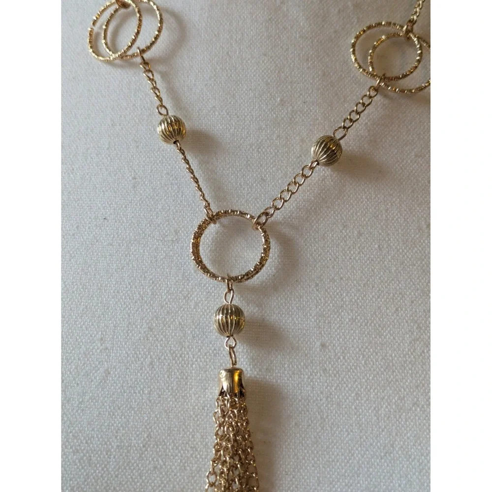 Gold Tone Tassel Necklace With Circular Stations Abstract Classic Elegant 18